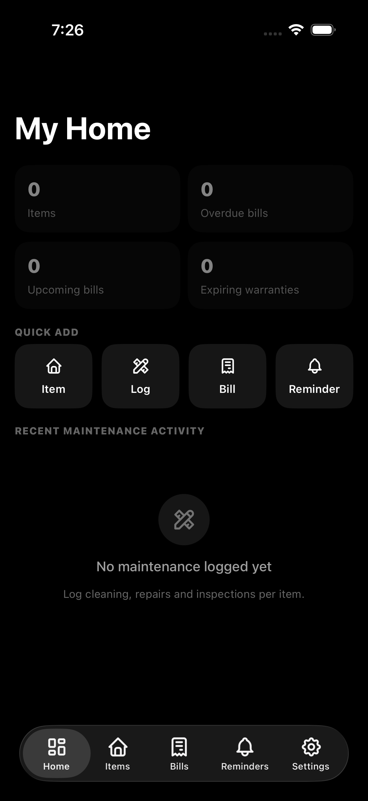 Home dashboard with recent maintenance activity